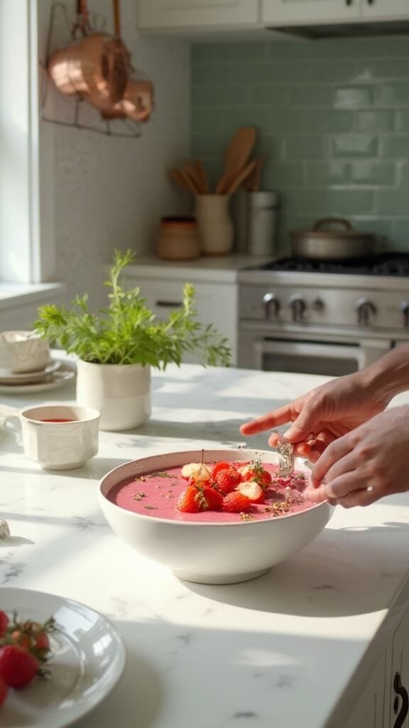 Making smoothie bowl in modern kitchen, placing strawberry slices in circular pattern