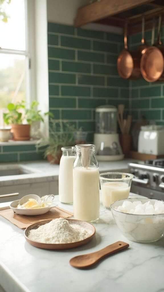 Keto Protein Milkshake 3 Professional food photography in a modern kitchen with ingredients arranged on a marble countertop and a blender, with natural daylight.