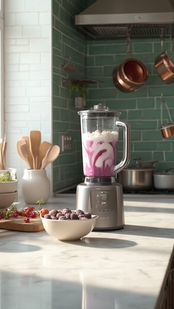 "high-end blender full of vibrant purple smoothie ingredients in a modern kitchen with green subway tile backsplash, wooden utensils and white marble countertops. "