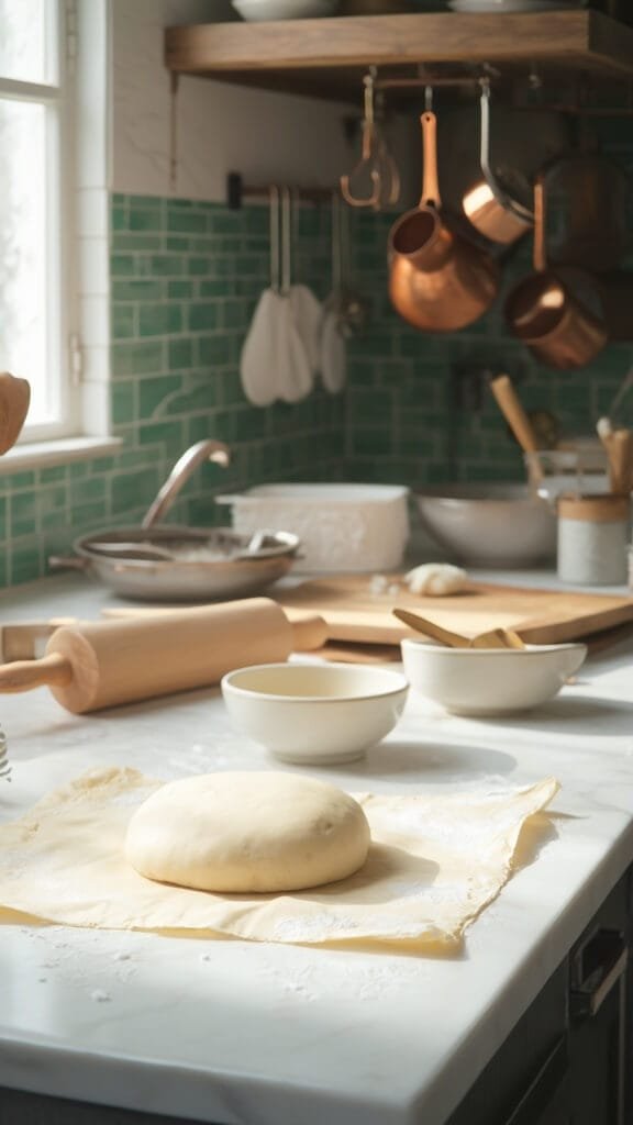 Low-Carb Almond Flour Pizza &Amp; Pie Crust (Keto-Friendly, Gluten-Free) 5 Dough ball ready to be rolled on marble kitchen countertop in natural daylight with modern cookware and ceramic prep bowls around