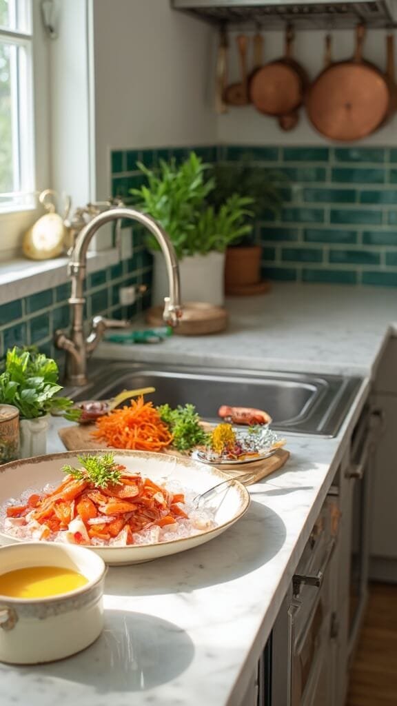 "preparation ingredients for bouillabaisse including fresh seafood, chopped vegetables, herbs, and spices in a modern kitchen with white marble countertop and green subway tiles backsplash. "