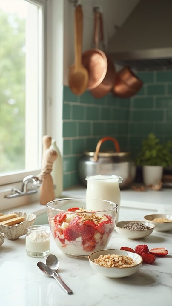 Ingredients for smoothie bowl including frozen strawberries, banana chunks, milk, and various toppings arranged on a modern kitchen countertop under natural daylight