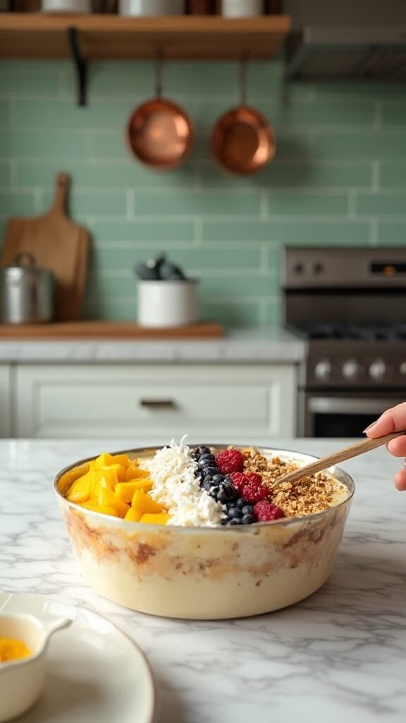 "professional food photography in modern kitchen, arranging fresh mango, granola, coconut flakes and mixed berries on a smoothie bowl"