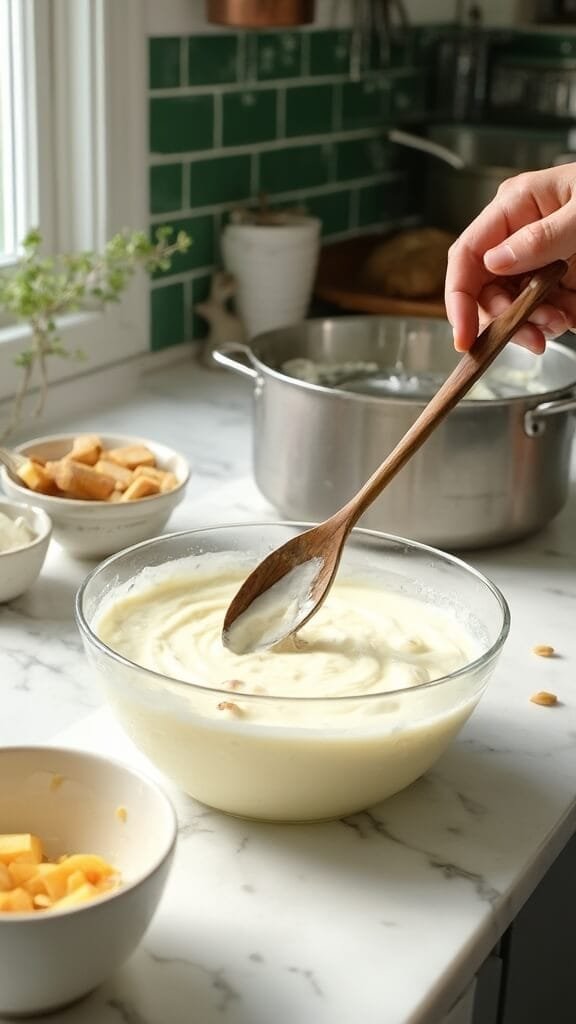 Greek Yogurt With Nuts And Stevia 4 Wooden spoon stirring yogurt with stevia and vanilla extract in a cream-colored ceramic bowl in a modern kitchen