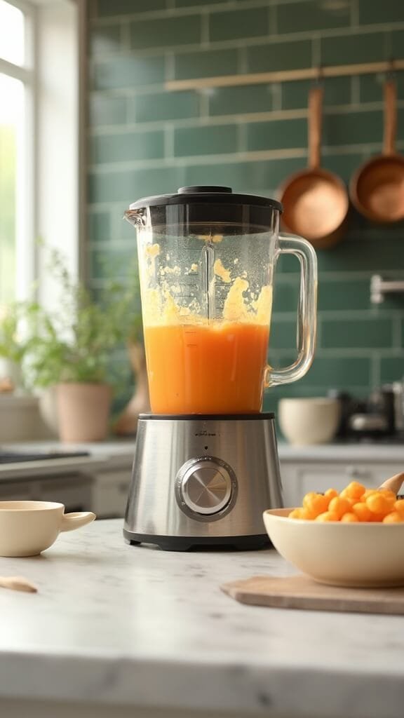 "professional kitchen with modern cookware and blender in action blending orange mixture, under natural daylight"