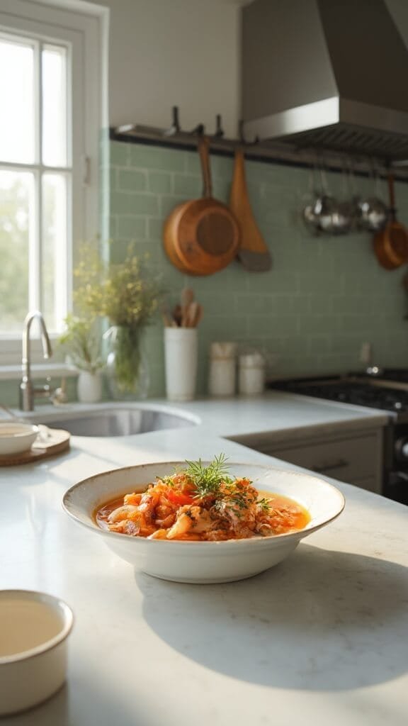 Artful bowl of steaming bouillabaisse garnished with fresh herbs on a modern kitchen counter with green subway tile backsplash under natural daylight