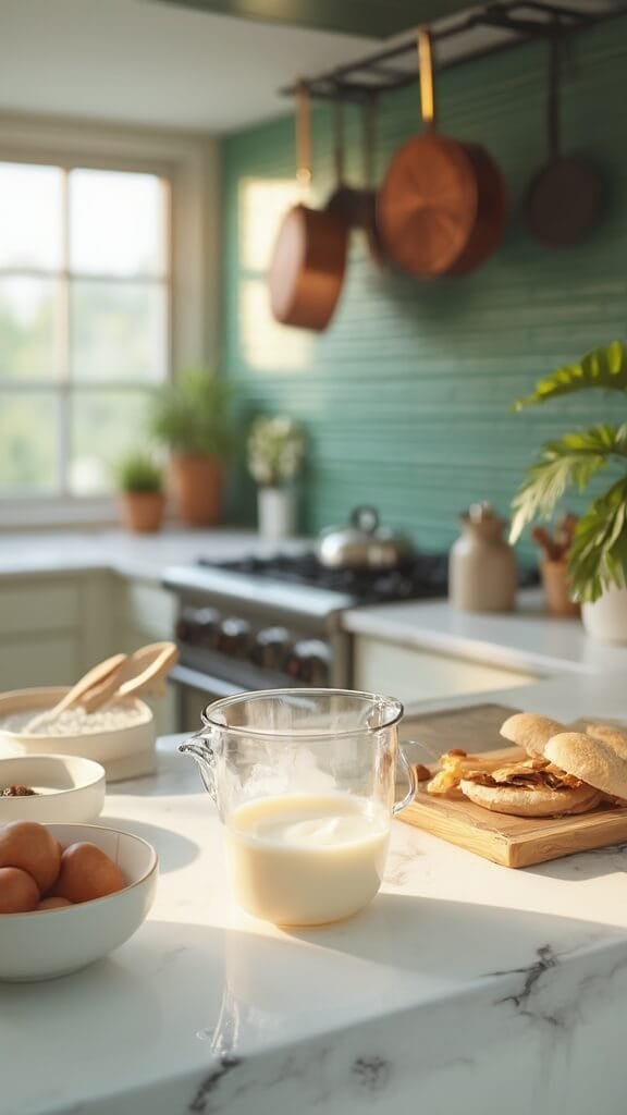 Keto Protein Milkshake 5 Blender in action in a modern kitchen with creamy mixture forming a smooth vortex, lit by natural daylight.