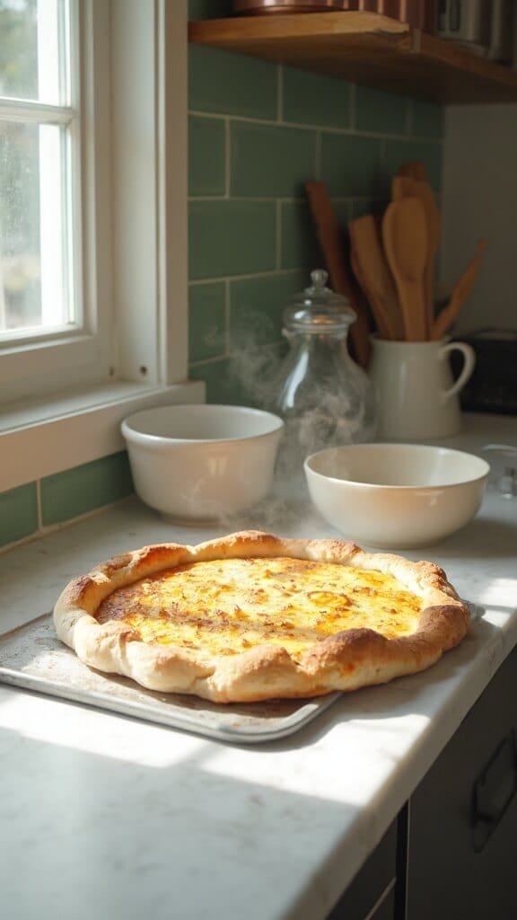 Low-Carb Almond Flour Pizza &Amp; Pie Crust (Keto-Friendly, Gluten-Free) 7 Par-baked crust on a silver baking sheet in a modern kitchen, with steam rising, lit by natural daylight