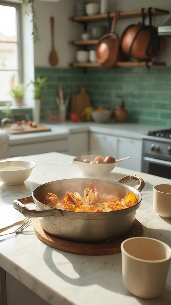Saffron-infused broth simmering in dutch oven with shellfish on a modern kitchen countertop under natural daylight