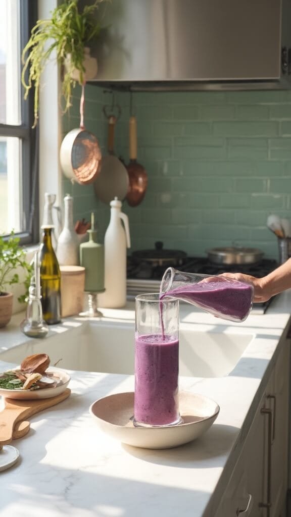 "thick, creamy purple smoothie being poured into a cream-colored ceramic bowl in a modern kitchen with white marble countertops, stainless steel appliances, and green subway tile backsplash. "