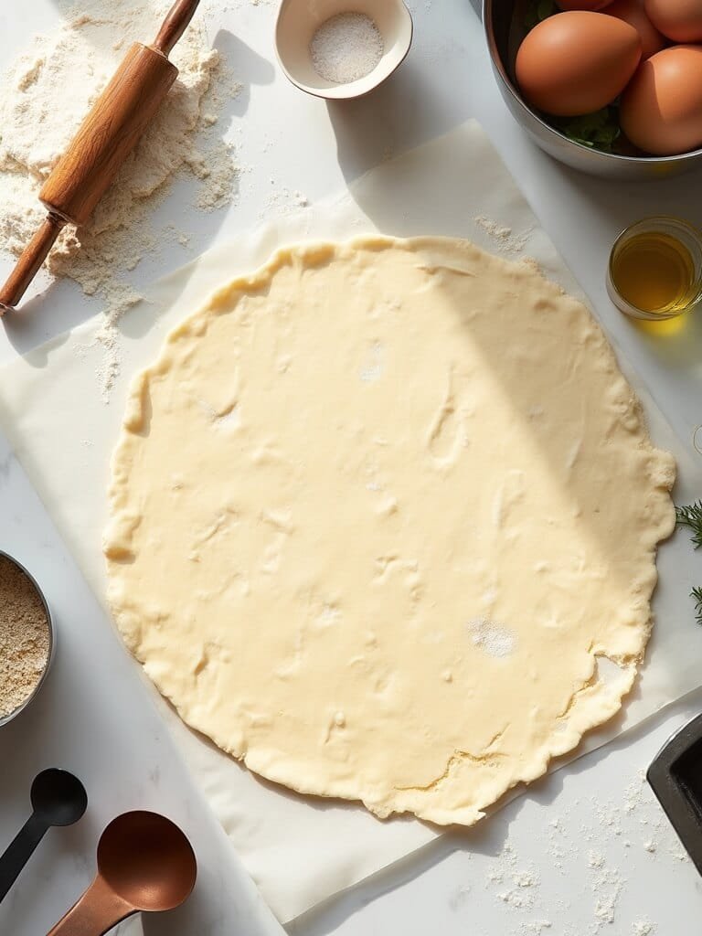 "overhead shot of almond flour pizza crust and ingredients on a marble countertop"