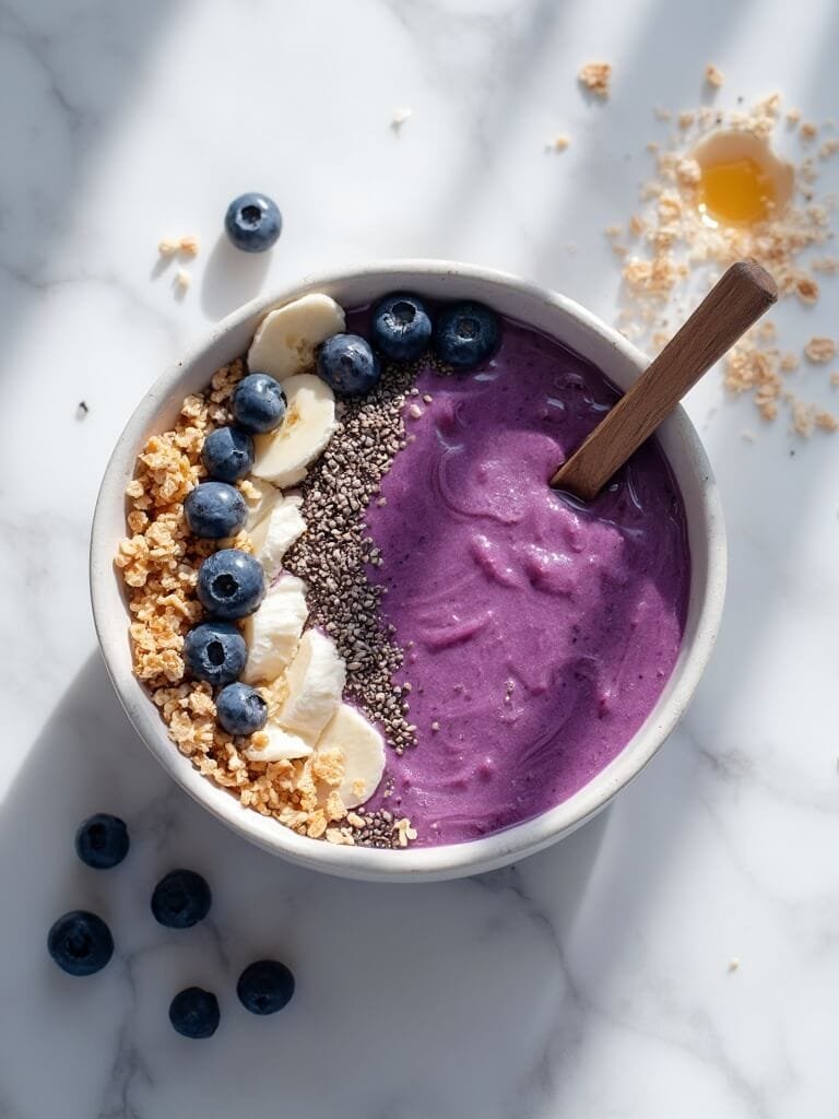 "overhead shot of a blueberry smoothie bowl with fresh fruit, coconut flakes, granola, and honey drizzle on a marble surface"