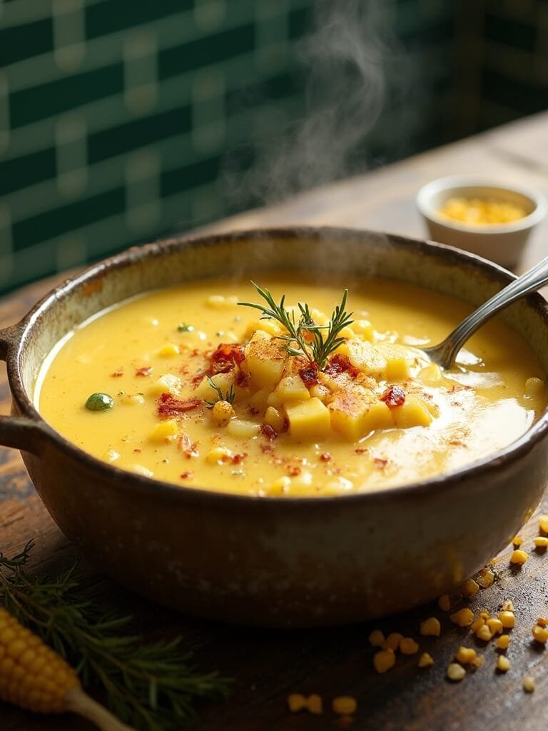 "overhead shot of creamy corn chowder with potatoes and bacon in a rustic bowl, garnished with fresh herbs, on a wooden table in a modern kitchen"