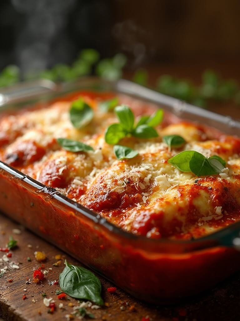 Classic Eggplant Parmesan (Parmigiana) 2 "layered eggplant parmesan in a glass dish with bubbling cheese and basil garnish on a rustic wooden table"