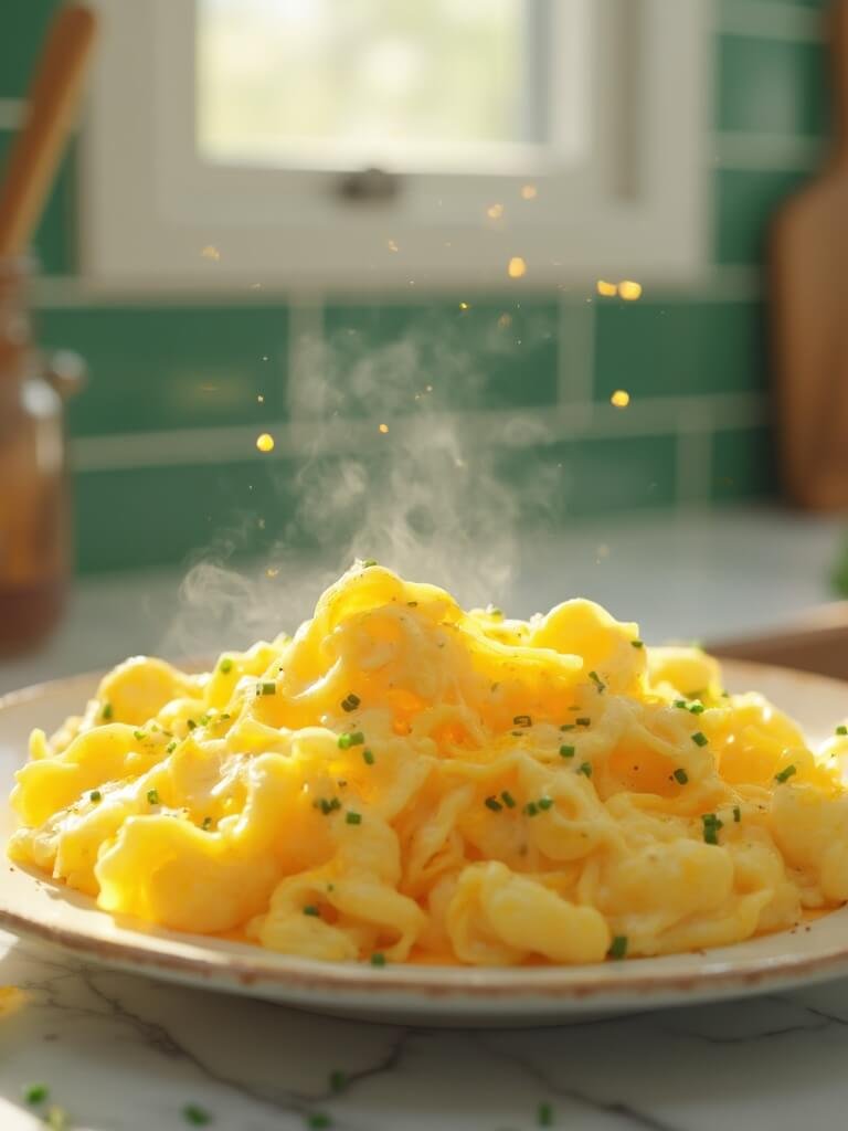 Classic Cheesy Scrambled Eggs 2 "close-up of creamy scrambled eggs with cheddar cheese and chives on a cream-colored ceramic plate in a brightly lit kitchen"