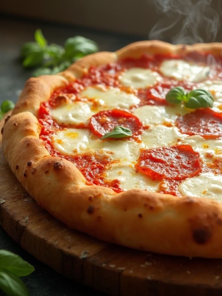 "cloud bread pizza with melted mozzarella and tomato sauce on a rustic wooden board"