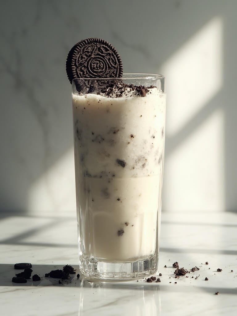 Cookies &Amp; Cream Protein Smoothie 2 "creamy cookies and cream protein smoothie with visible layers and garnished with oreo, in a condensation-beaded glass on a marble countertop"