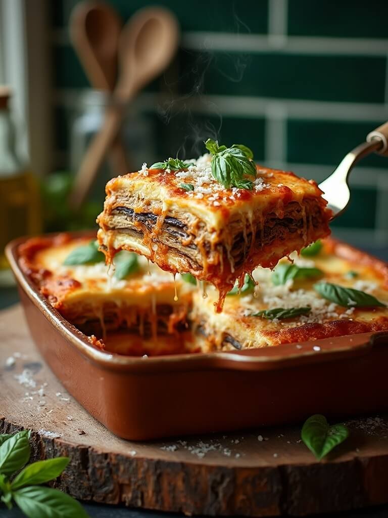 "close-up shot of a slice of eggplant lasagna with layers of roasted eggplant, meat sauce, ricotta and melted mozzarella, garnished with fresh basil and parmesan on a dark wooden table"