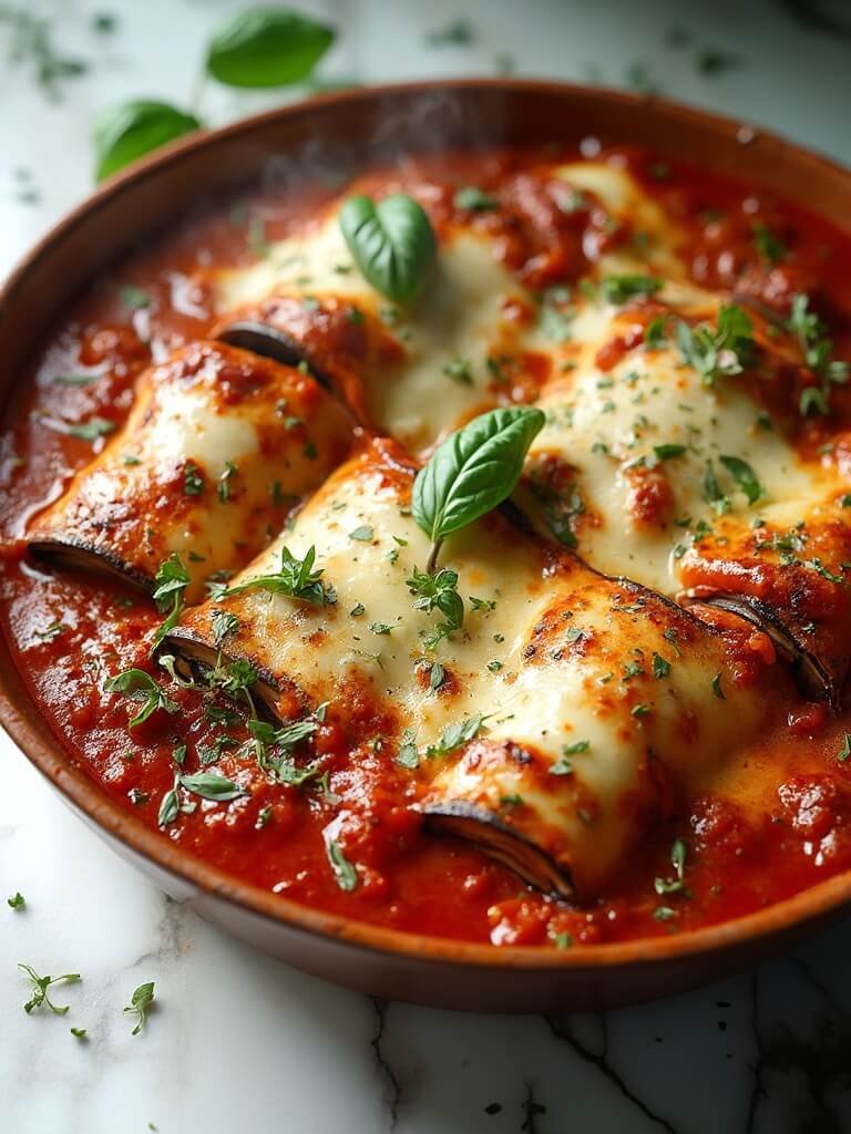 Eggplant Rollatini (Classic Italian Vegetarian Dish) 2 "freshly baked eggplant rollatini in a rustic ceramic dish, garnished with basil, on a marble countertop"