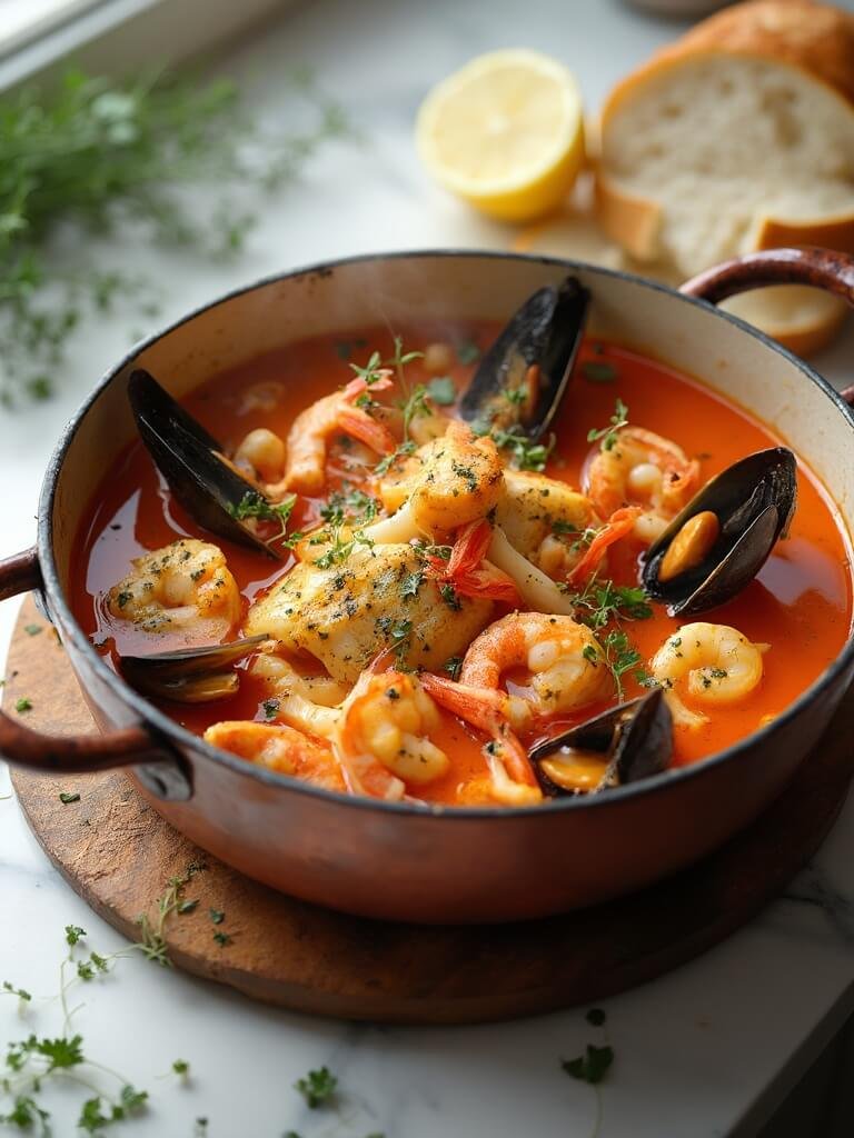 "rustic seafood stew with cod, shrimp, scallops, mussels, and clams in saffron-tomato broth, garnished with herbs on a white marble countertop, in natural light. "