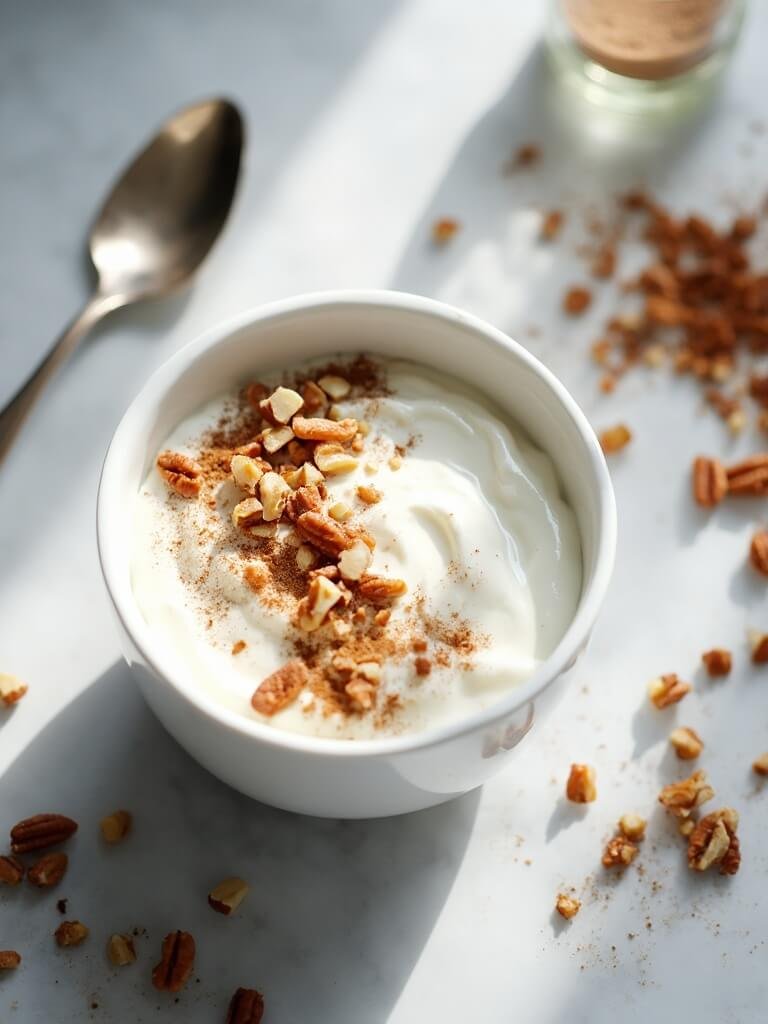 "overhead shot of greek yogurt garnished with mixed nuts on a marble countertop, under natural light"