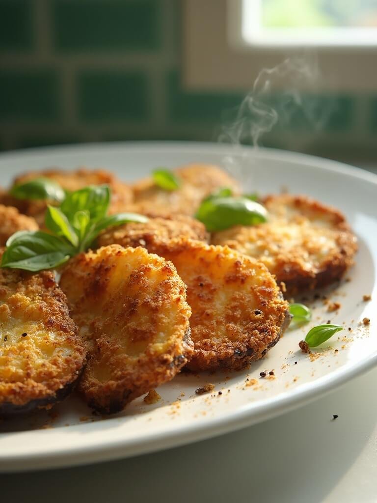 "crispy golden-brown fried eggplant slices on a white ceramic platter, garnished with fresh basil leaves and fine black pepper, in a modern kitchen setting"