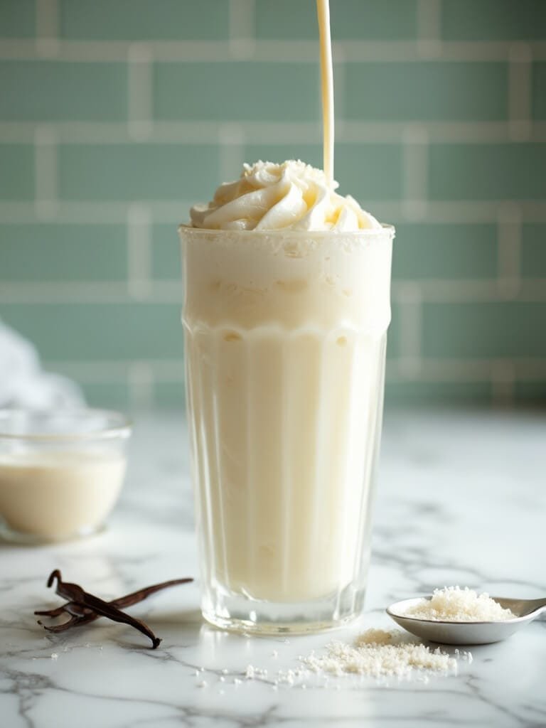 "creamy keto protein milkshake being poured into frosted glass, garnished with whipped cream, set on a white marble countertop with vanilla pod, erythritol crystals, and silver measuring spoon in backdrop of sage green kitchen tiles. "