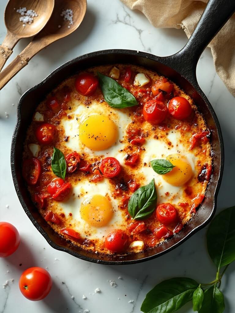 "overhead view of a rustic caprese-style egg bake in a cast iron skillet with mozzarella, cherry tomatoes, basil, and balsamic reduction on a marble countertop"