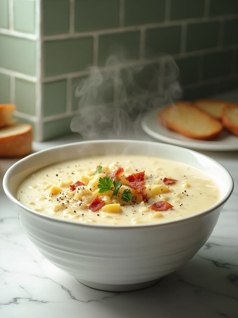 "close-up of steaming new england clam chowder with bacon and potatoes in a white ceramic bowl, garnished with parsley and pepper, served with oyster crackers and sourdough bread on a marble countertop, backdropped by green subway tiles"