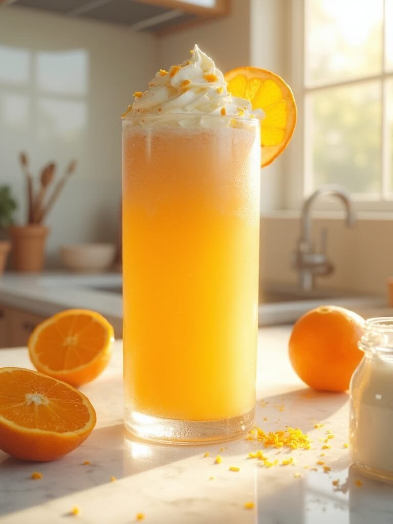 "orange creamsicle protein shake with whipped cream and orange zest on marble countertop amidst ingredients"