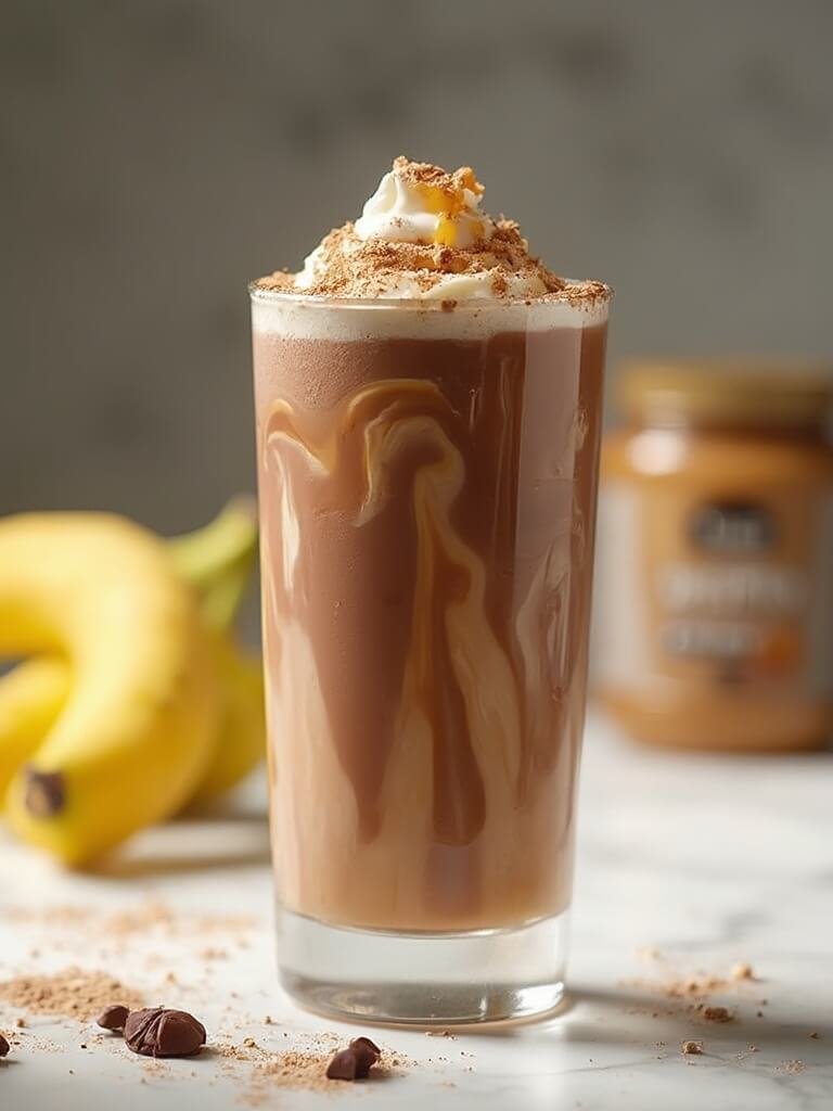 "chocolate peanut butter protein smoothie in a glass garnished with cocoa powder and greek yogurt, on a marble countertop with bananas and peanut butter jar in the background"