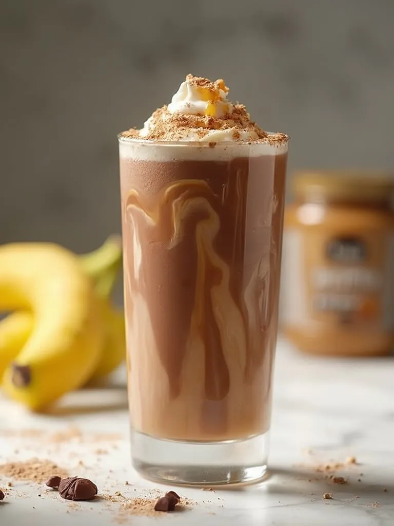 "chocolate peanut butter protein smoothie in a glass garnished with cocoa powder and greek yogurt, on a marble countertop with bananas and peanut butter jar in the background"