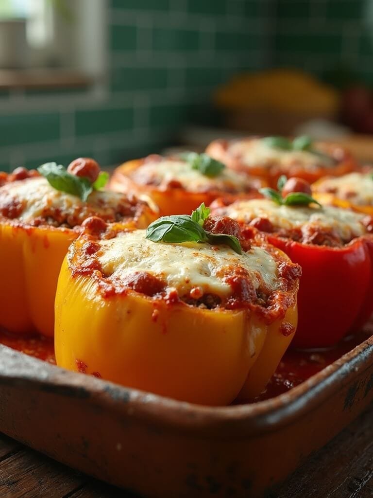"stuffed bell peppers with ground beef and melted mozzarella cheese in a rustic ceramic dish, garnished with mini pepperoni, basil, and parmesan in a modern kitchen setting"