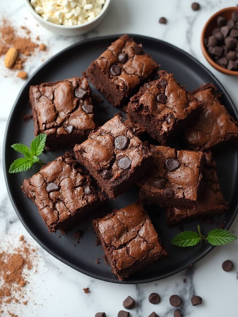 "protein brownies with melted chocolate chips and almond flour on marble countertop, garnished with fresh mint"