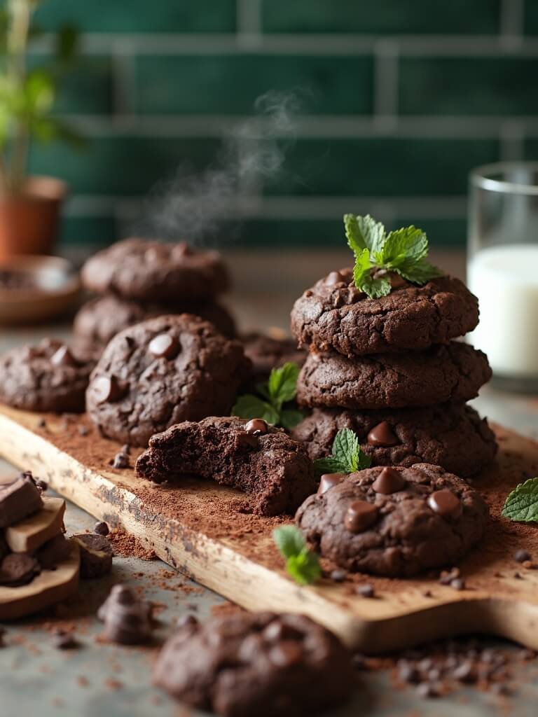"double chocolate chip protein cookies on rustic wooden board, with cocoa powder, chocolate chips, fresh mint, and a glass of milk in a kitchen setting. "