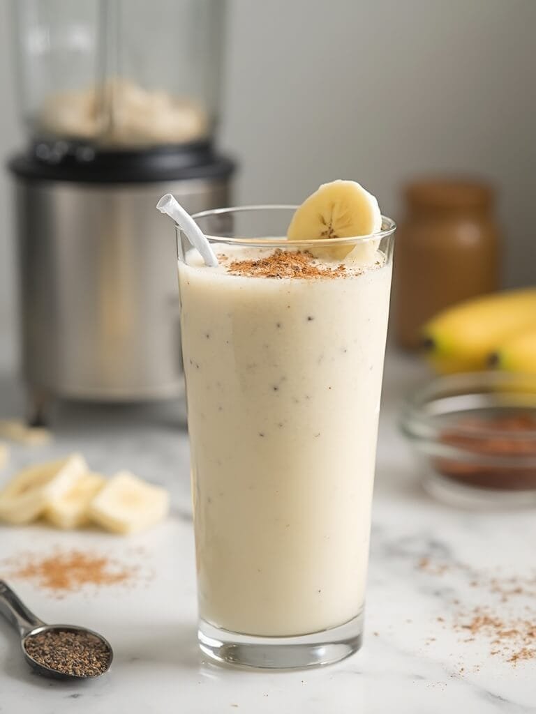 "protein smoothie with banana and chia seeds in a glass on a marble kitchen countertop with blurred ingredients in the background"