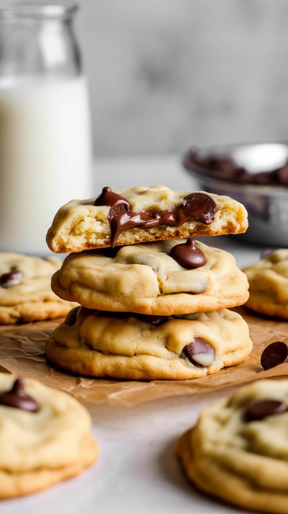 8 Delicious Healthy Dessert Recipes You Need To Try! 10 A stack of soft and chewy chocolate chip cookies with one cookie broken in half, revealing melted chocolate chips.