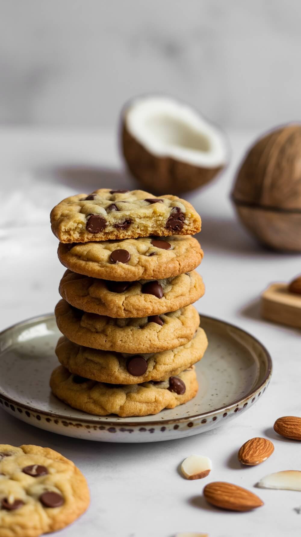 8 Delicious Healthy Dessert Recipes You Need To Try! 4 A stack of sugar-free chocolate chip cookies made with almond and coconut flour, surrounded by almonds and coconut.