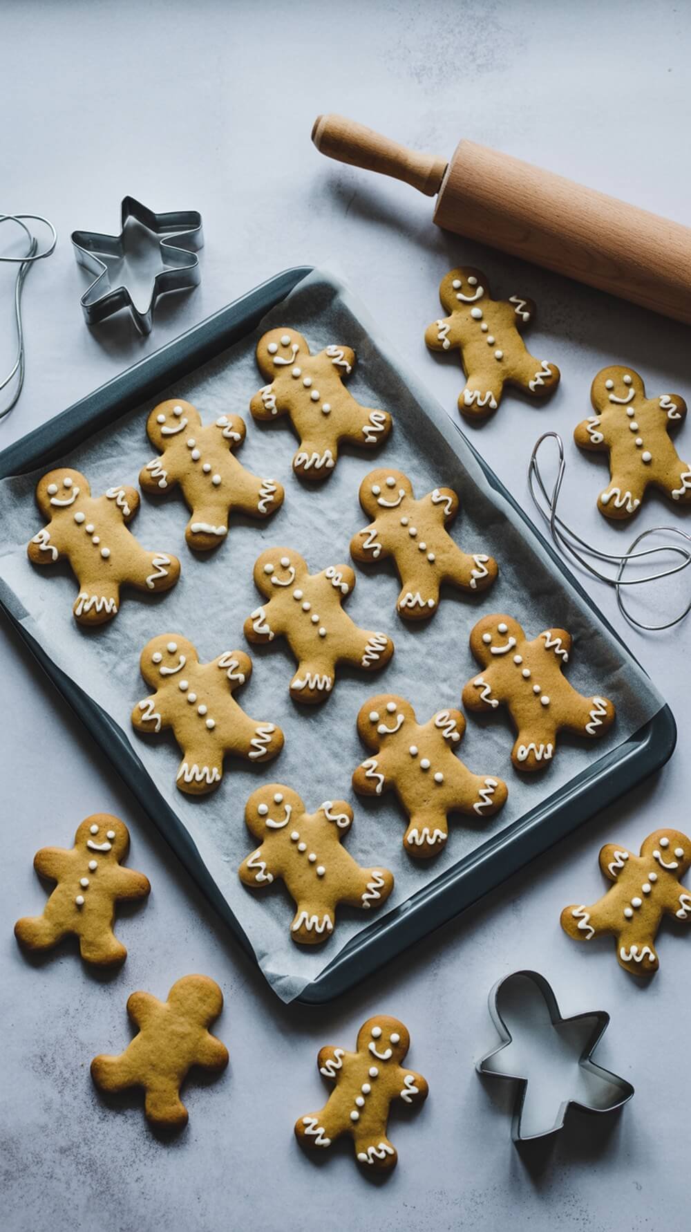 8 Delicious Healthy Dessert Recipes You Need To Try! 7 A tray of gingerbread cookies shaped like little people, decorated with icing, alongside cookie cutters and a rolling pin.