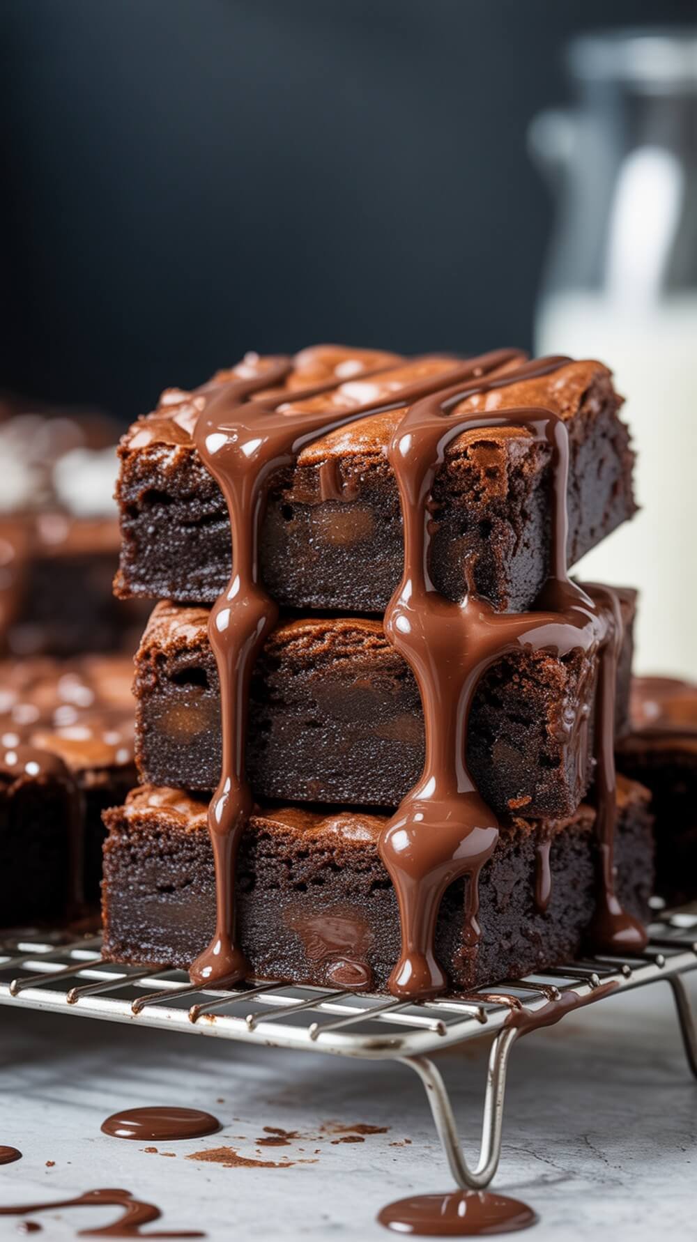 8 Delicious Healthy Dessert Recipes You Need To Try! 5 A stack of fudgy brownies drizzled with chocolate on a cooling rack.
