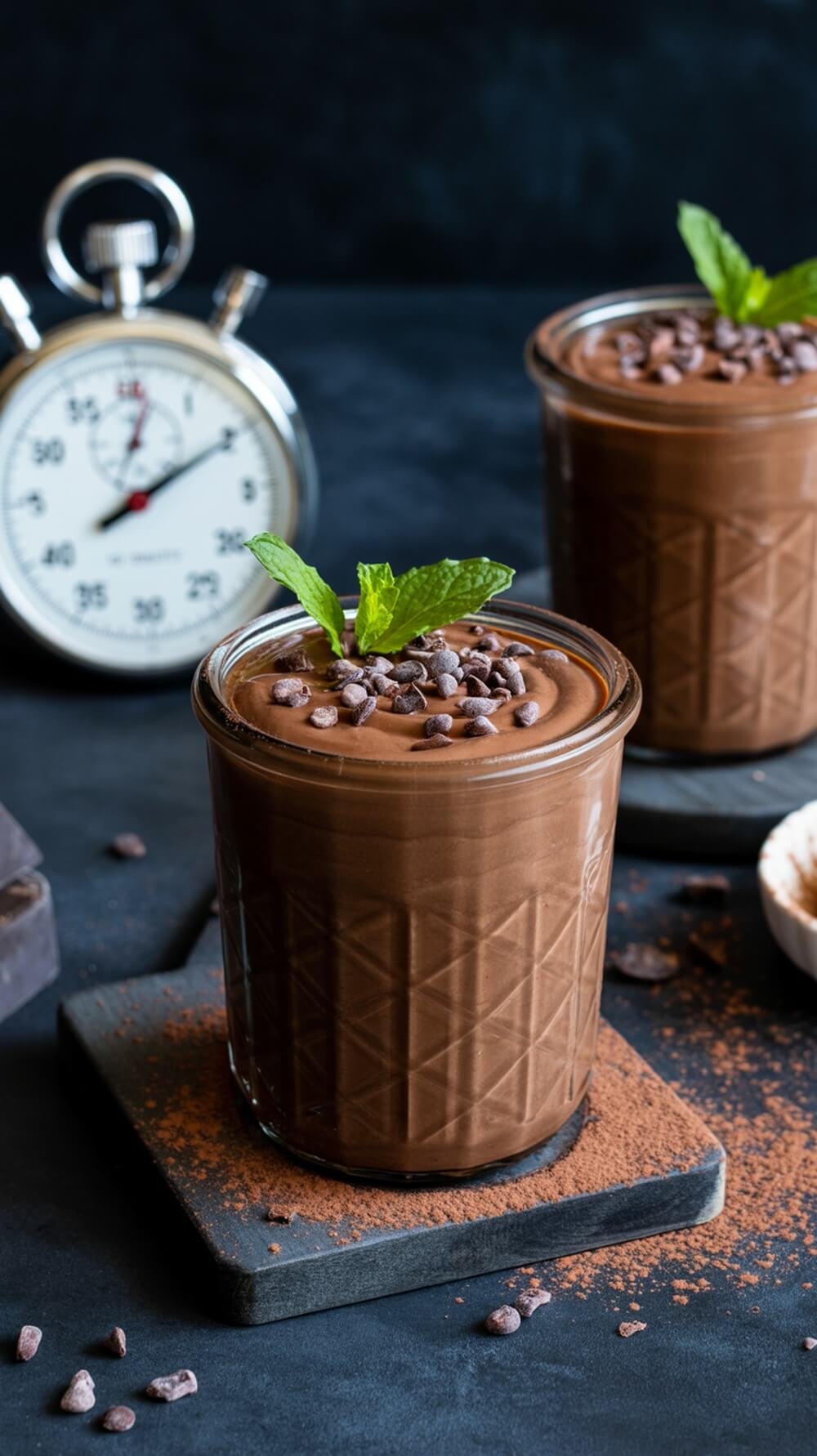 8 Delicious Healthy Dessert Recipes You Need To Try! 3 High-protein chocolate mousse in jars with chocolate chips and mint, alongside a stopwatch.