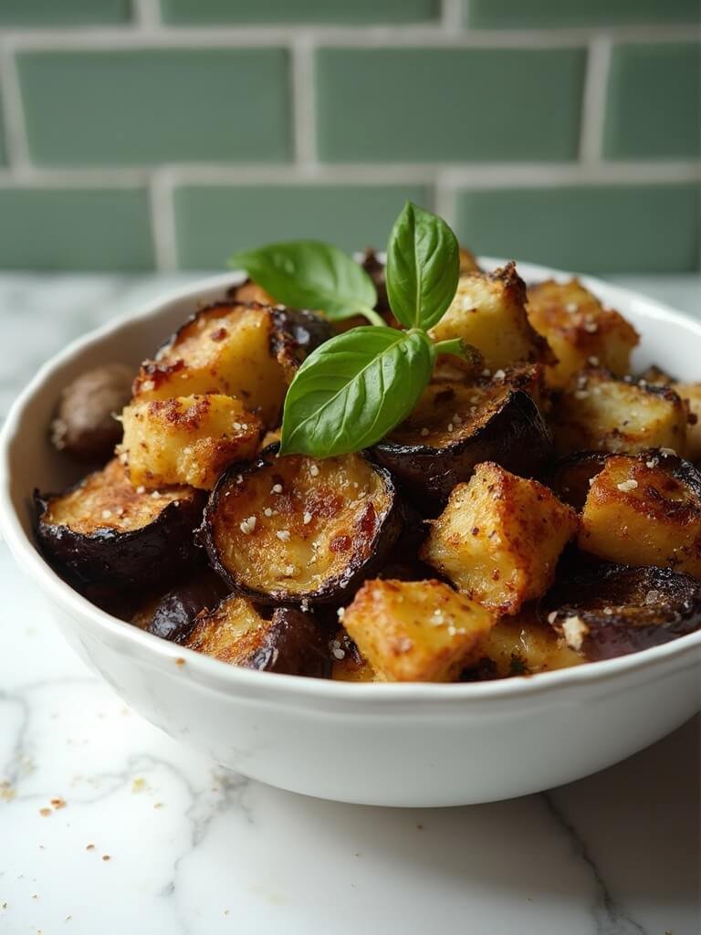 Perfect Roasted Eggplant 2 "roasted eggplant cubes with golden caramelization in a white bowl, garnished with fresh basil and flaky sea salt"