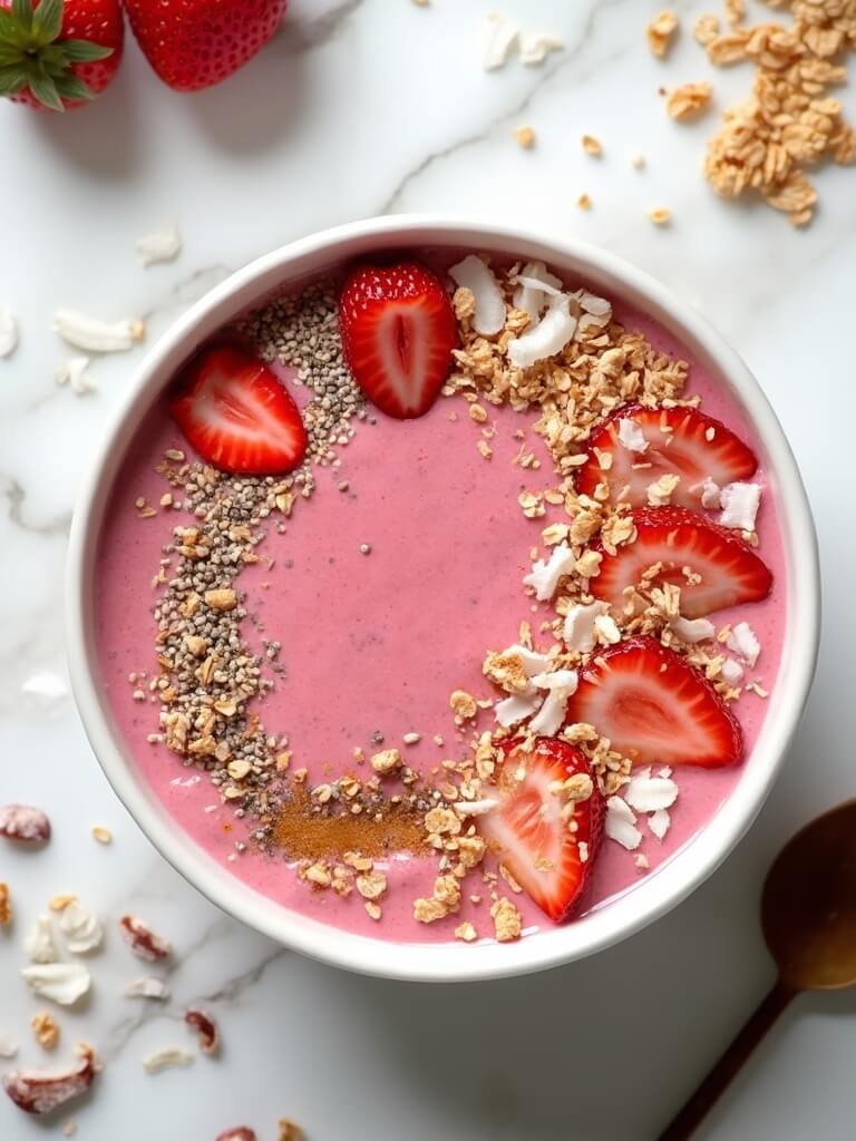 "overhead shot of a pink strawberry smoothie bowl with berry, granola, coconut, chia, and honey toppings on a white marble counter"
