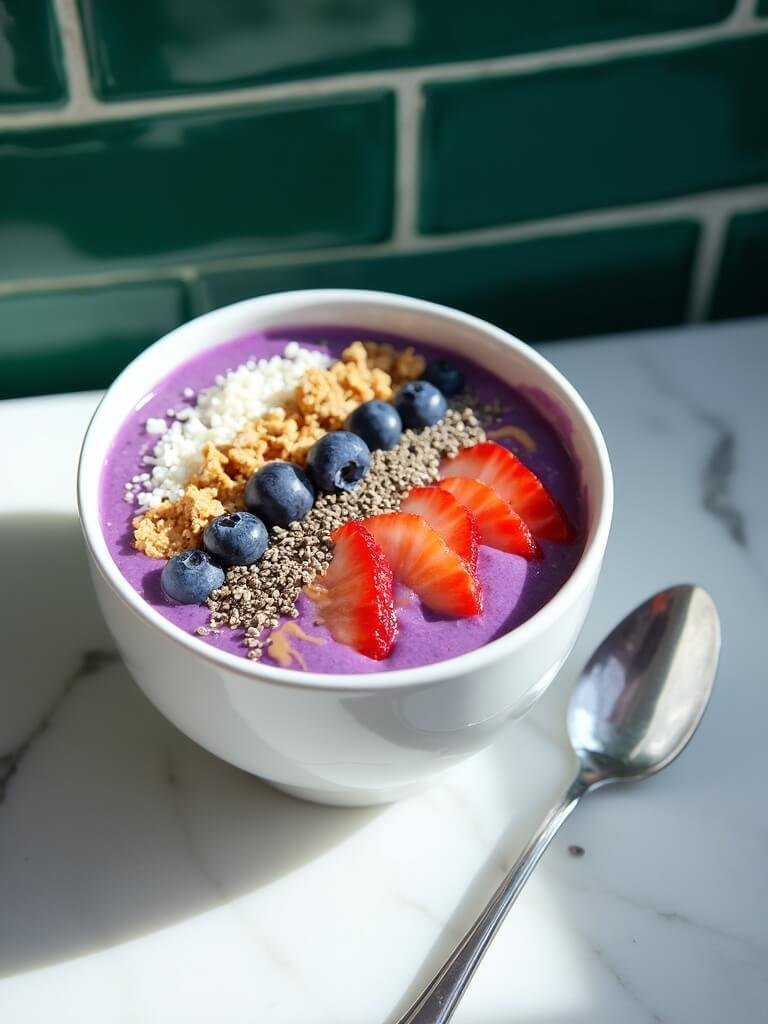 "vibrant smoothie bowl with fresh strawberry slices, blueberries, granola, chia seeds, and almond butter swirls on a marble surface, with a vintage spoon and green subway tiles in the background"