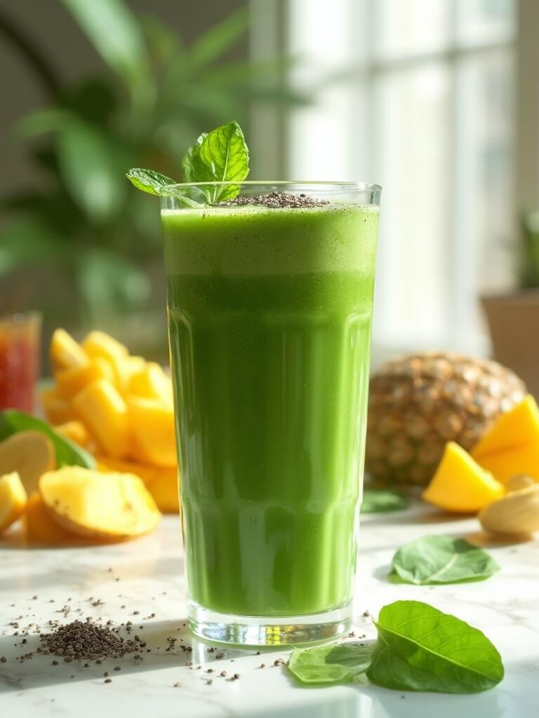 "green smoothie in a tall glass with spinach and chia garnish, tropical fruits and almond milk in the background, on a white marble counter. "