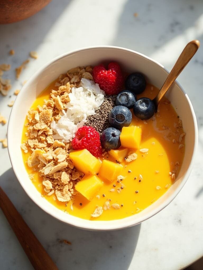 Overhead shot of a tropical mango smoothie bowl with fresh toppings in a bright, natural setting.