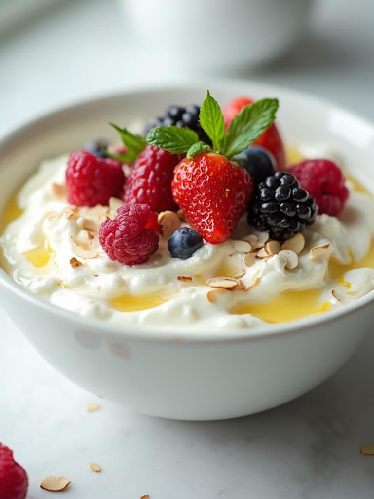 "whipped ricotta with fresh mixed berries, mint leaves, toasted almonds and honey in a white ceramic bowl on a marble or light wooden surface, shot in professional food photography style. "