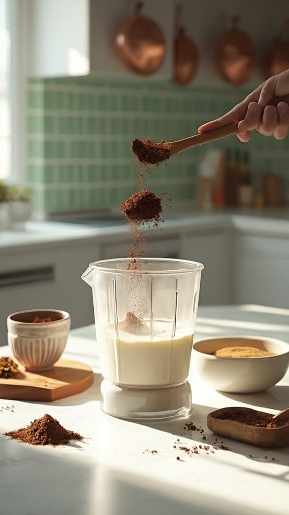 Coffee granules and cocoa powder being added into a blender with milk mixture in a modern kitchen