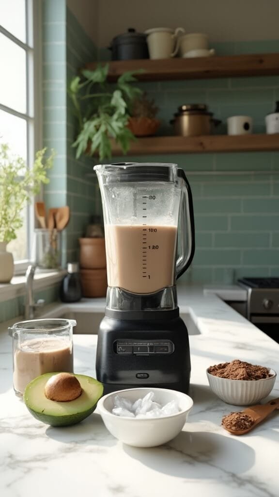 Ingredients for smoothie including fresh avocado, almond milk, protein powder, cocoa powder, vanilla extract, sea salt, and ice cubes arranged around a modern blender in a well-lit kitchen with green subway tiles and marble countertop.