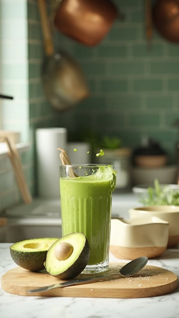 Ripe halved avocado on wooden cutting board with utensils and ingredients in a modern kitchen with warm, earthy color grading